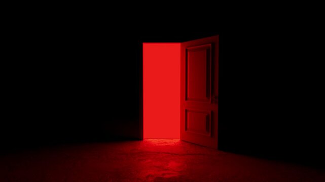 Weathered red door gradually creaking open, casting intense crimson glow within shadowy interior, generating palpable tension and enigmatic anticipation