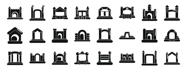 Inflatable bouncy house icons set. Set of castle and archway icons in different styles