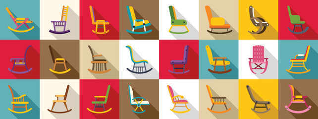 Rocking chair icons set. Colorful rocking chair icons representing rest, relaxation, and home furniture in a flat design style