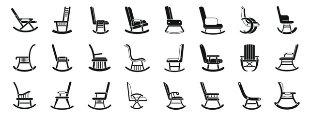 Rocking chair icons set. Rocking chairs icons set in simple style showing various designs of relaxing furniture for home, porch, or garden