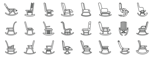 Rocking chair icons set. Different rocking chairs are illustrated in a minimalist outline style, suggesting relaxation, rest, and comfort