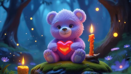 Fototapeta premium Purple teddy bear with a glowing heart sits on moss in an enchanted forest. A cozy fairytale scene with candles and soft magical ligh