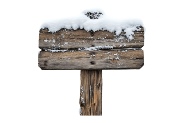 Snowy wooden signboard isolated on a transparent background