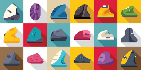 Vertical computer mouse icons set. Ergonomic computer mice in various shapes and colors, promoting comfortable and healthy hand positioning during prolonged computer use