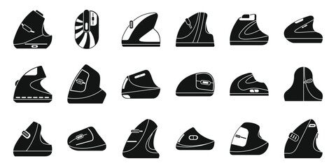 Vertical computer mouse icons set. Collection of ergonomic computer mice designed to support wrist health and prevent carpal tunnel syndrome, improving comfort and productivity for computer users