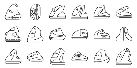 Vertical computer mouse icons set. Ergonomic vertical mice promoting comfortable and healthy wrist posture during computer use, reducing strain and enhancing productivity