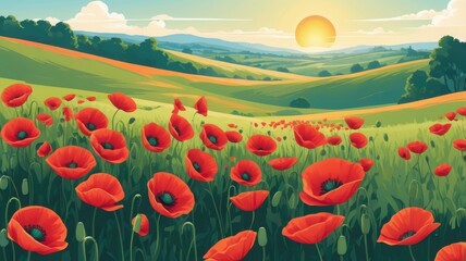 field of poppies. poppy field with green hills and mountains at sunset or sunrise