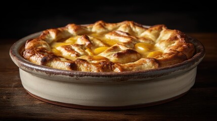 peach cobbler in rustic ceramic bowl, soft light and moody background