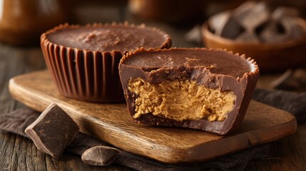 peanut butter cup with bite taken, rich chocolate texture