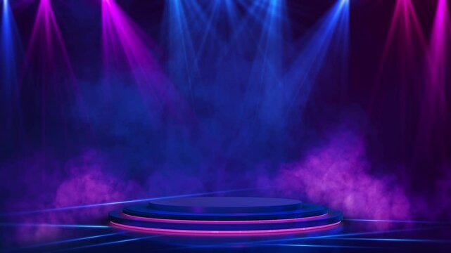 podium Futuristic showcase empty podium blue neon light background platform for product displaying. modern stage display. hologram elements product presentation. winner fashion spotlights stage lights