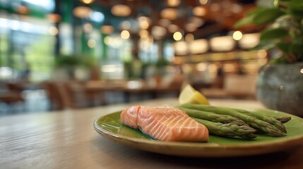 salmon fillet with asparagus and lemon on ceramic plate, blurry fine dining restaurant background