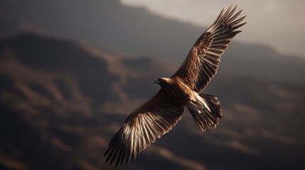 Naklejka premium soaring golden eagle with spread wings, blurry mountain cliff background