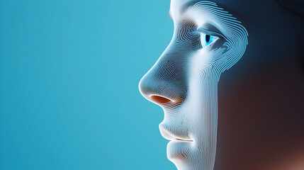 A human face in profile with digital lines, symbolizing technology and artificial intelligence on a blue background.