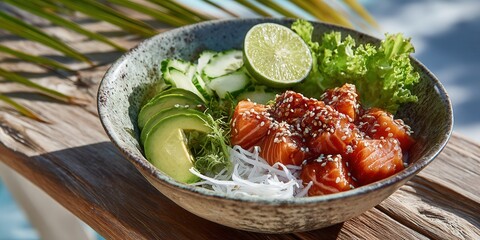 Fresh and Colorful Salmon Poke Bowl with Vegetables and Lime