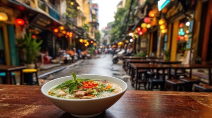 Fototapeta premium Vietnamese pho with herbs and chili, blurry street cafÃ© in Hanoi background