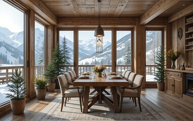 Alpine-style dining room with a raw wood table, wool-cushioned chairs, pine plants in clay pots, and large windows framing snowy mountain views.