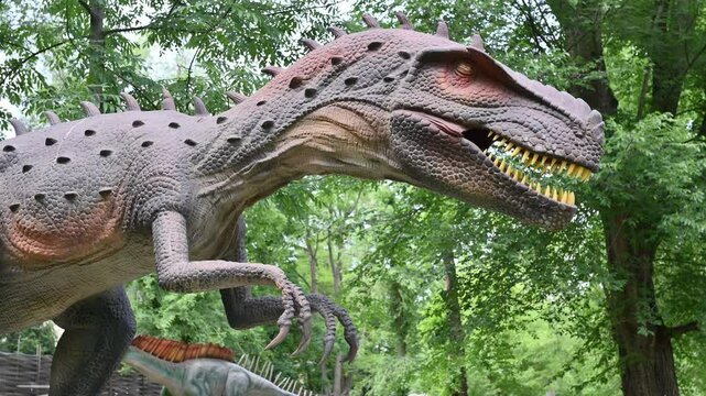 Living statue of tyrannosaurus albertosaurus in forest on grass. Dinosaur park doll, kids entertainment, prehistoric creature, museum
