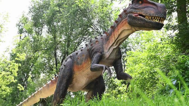 Living statue of tyrannosaurus albertosaurus in forest on grass. Dinosaur park doll, kids entertainment, prehistoric creature, museum