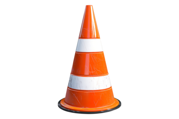 Orange traffic cone with white lines isolated on a transparent background