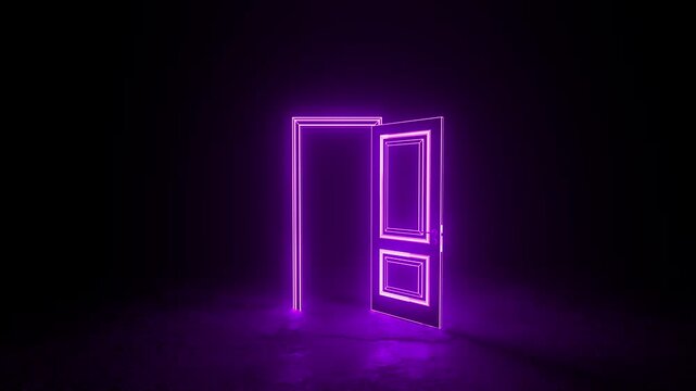 Luminescent purple neon doorway gradually materializing, emerging from dark background, opening to reveal intense bright light symbolizing potential, transformation, and unseen possibilities