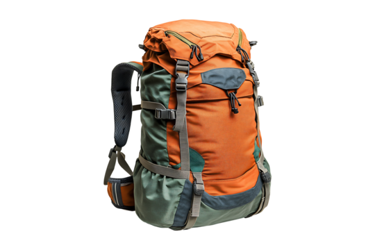 Orange and green hiking backpack with zippers isolated on a transparent background
