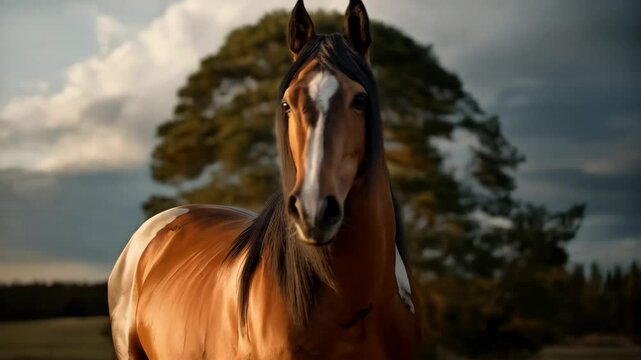 Portrait of a pinto horse standing in a grassy field with cloudy skies and trees in the background in late afternoon light