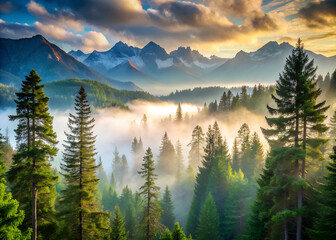 serene forest view with towering pine trees and misty mountains in the background 