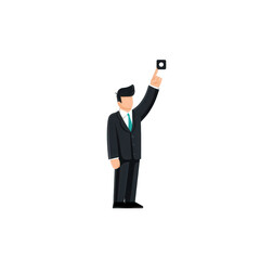 A businessman in a suit holds a smartphone high, symbolizing success and achievement. Ideal for modern corporate themes, empowerment, and technology in the workplace.