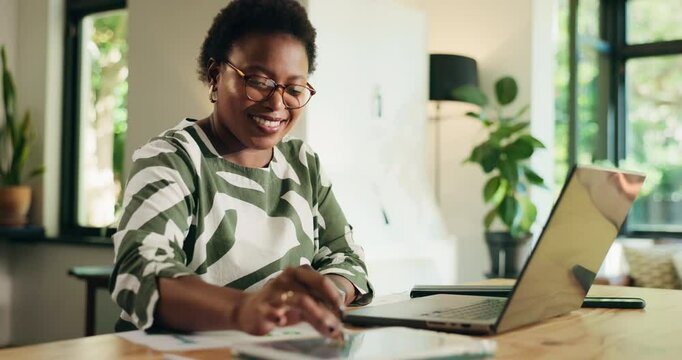 Happy, entrepreneur and woman with glasses, tablet and browsing for financial success, tech or home. House, online and black person with laptop for asset management, graphs or return on investment