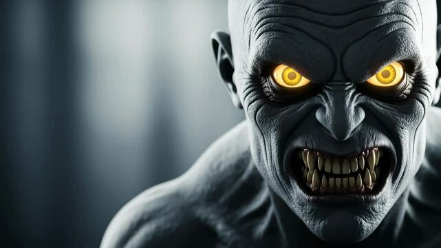 Close up of an angry monster with sharp teeth and yellow eyes gritting its teeth. Horror and halloween concept animation.