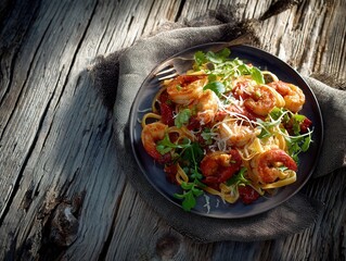 Delicious Shrimp Pasta with Fresh Herbs on Rustic Wooden Table