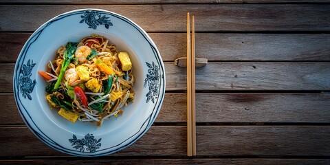 Delicious Shrimp Noodles with Vegetables in a Traditional Bowl on a Wooden Table