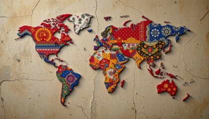 Colorful World Map Puzzle Featuring Flags of Different Nations on Textured Background