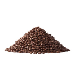 A close-up view of a mound of roasted coffee beans, showcasing their rich brown color and glossy texture against a white isolated background.