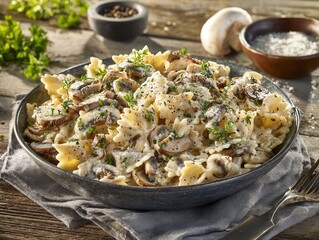 Delicious Creamy Mushroom Pasta with Farfalle on a Rustic Wooden Table
