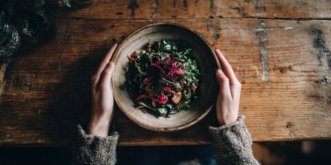 A Cozy Table Setting Featuring a Fresh Salad Surrounded by Natural Elements