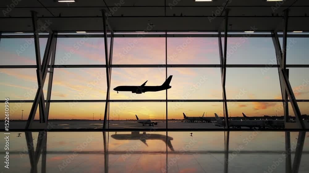 Aufkleber beautiful colorful sunrise sky reflected on the shiny floor of an empty airport terminal with a larg