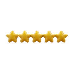 A collection of five golden stars arranged in a row on a white isolated background, symbolizing high quality, ratings, or awards.