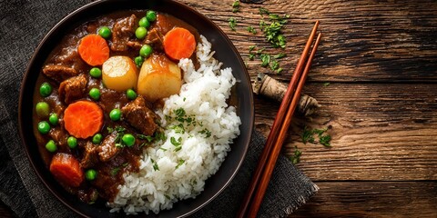 Delicious Beef Stew with Vegetables and Rice on a Rustic Wooden Table