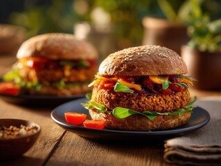 Delicious Vegan Burger with Fresh Ingredients Served on a Rustic Table