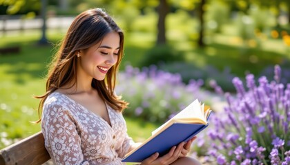 Woman Smiling While Reading A Book Among Lavender Flowers In A Sunlit Park