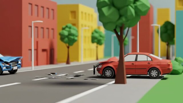 Blue and red cartoon cars crash head-on in low poly city street. Animation style. Road accident, insurance concept. For safety campaign, explainer video. For motion graphic, VFX.