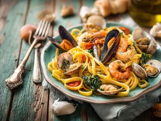 Delicious Seafood Linguine with Fresh Ingredients on Rustic Wooden Table