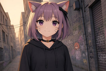Urban anime girl with cat ears wearing a casual hoodie and choker, standing in a vibrant graffiti alley at sunset, capturing the essence of modern street style and youth culture.