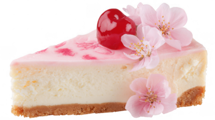 Creamy smooth cheesecake slice with pink cherry topping featuring a candied cherry and spring flowers on a transparent background, perfect for dessert menus or food blogs