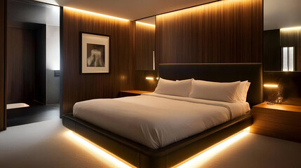 A sleek modern bedroom with dark wood accents, a low-profile bed, and ambient lighting