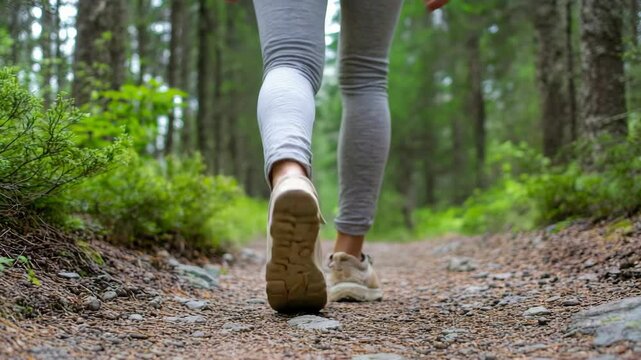 A woman is walking on a dirt path in the woods. She is wearing white pants and grey shoes