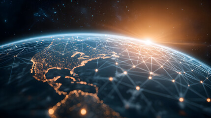 A digital network connects the globe as the sun rises over North America, symbolizing global communication and technology.