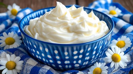 Creamy whipped dessert filling fills a blue polka dot bowl