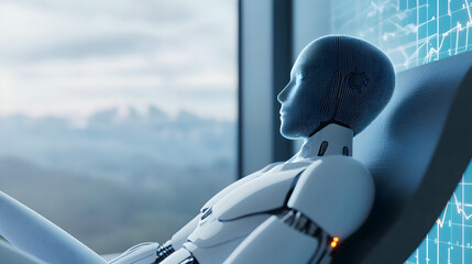 A humanoid robot sits thoughtfully by a window, with digital data charts displayed in the background.